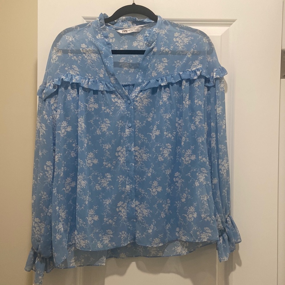 ZARA light blue floral button up blouse